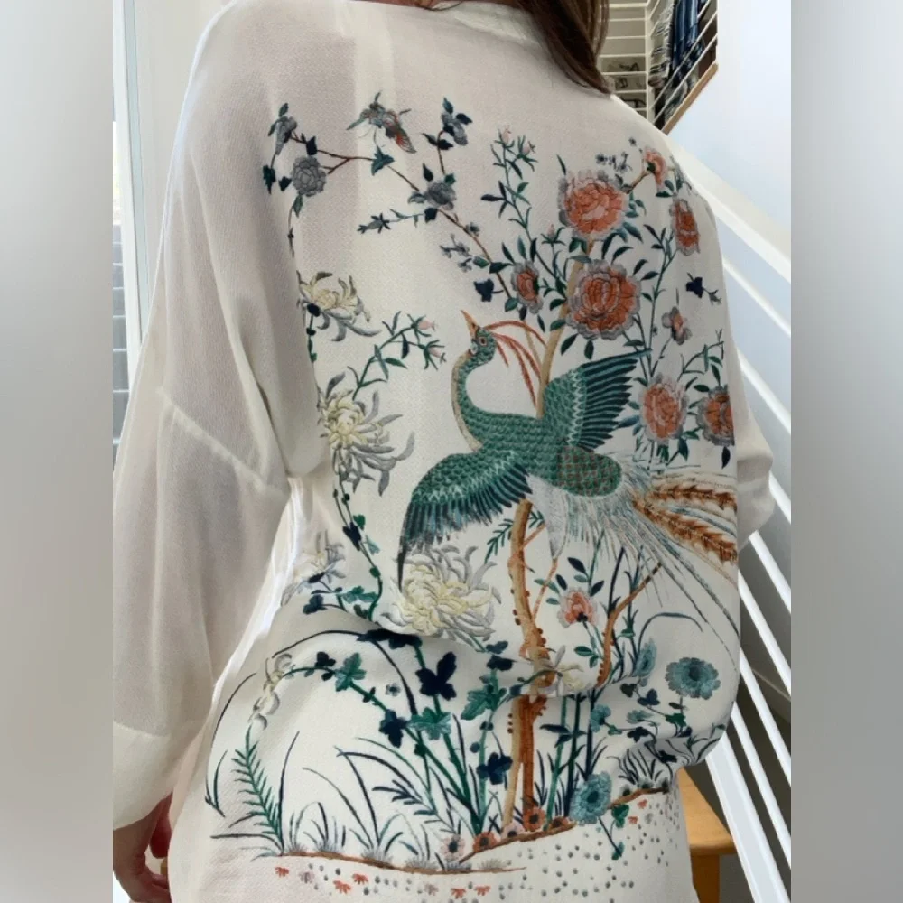 JENS PIRATE BOOTY x FREE PEOPLE BOHO FLORAL PEACOCK CRANE KIMONO ANTHROPOLOGIE - Picture 7 of 9